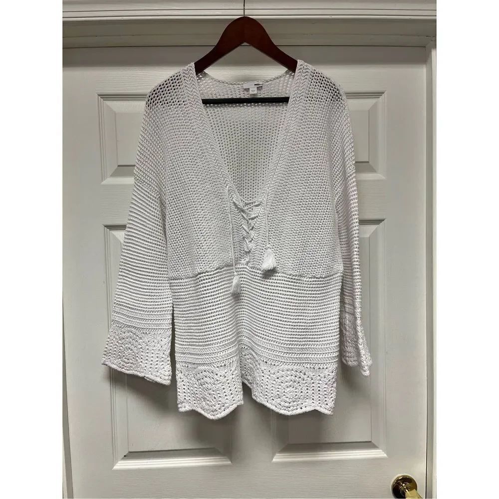 J. Jill Heavy Open Knit V-Neck Tassel Sweater sz L NWOT